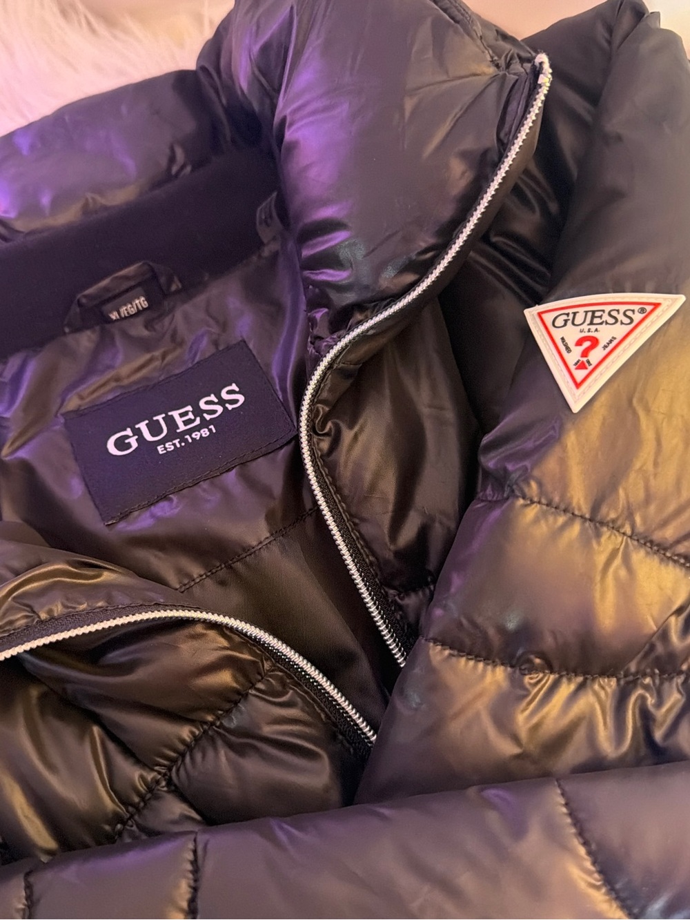GUESS Black Quilted Puffer Jacket with Logo Patch